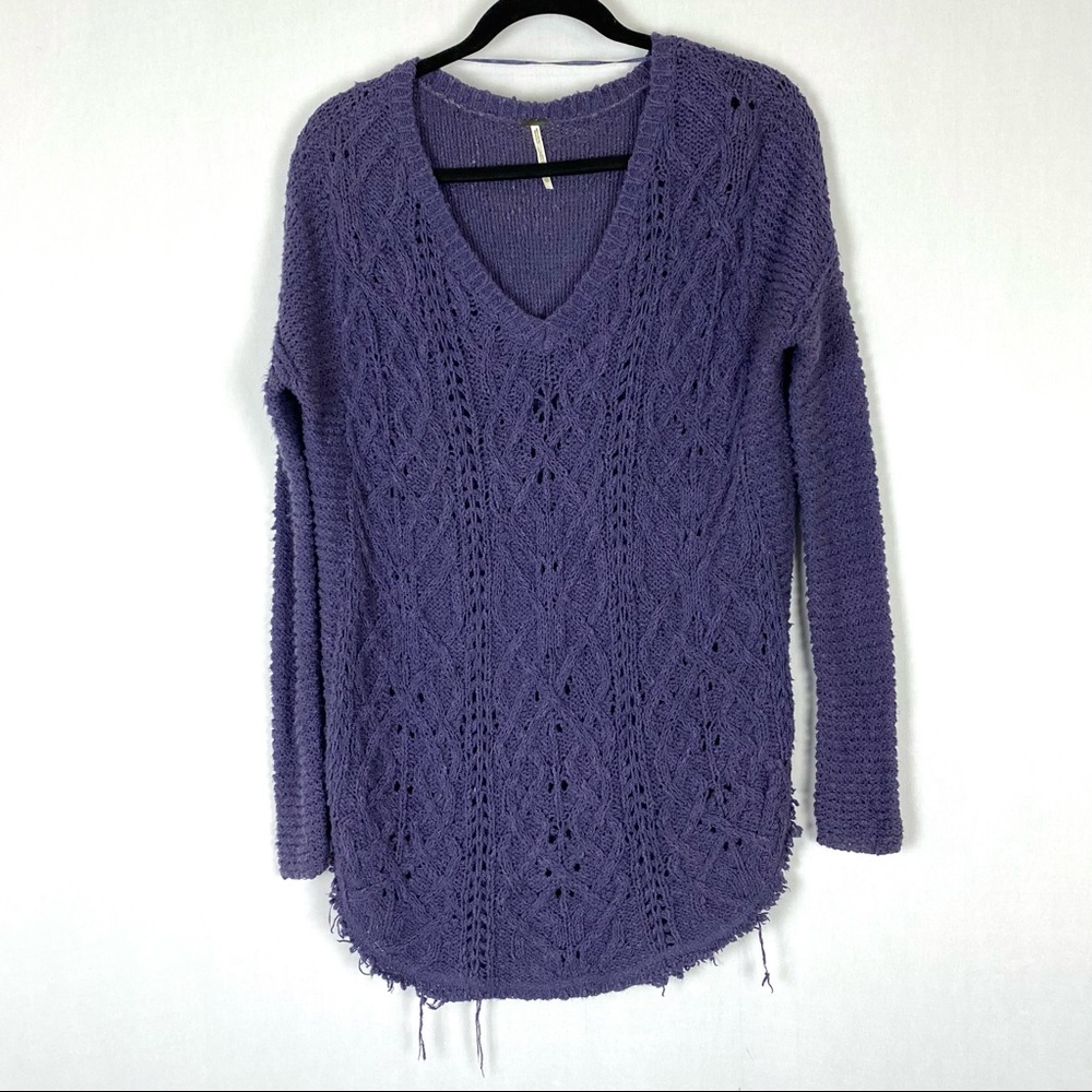 Free People Purple Openwork V-Neck Knit Sweater